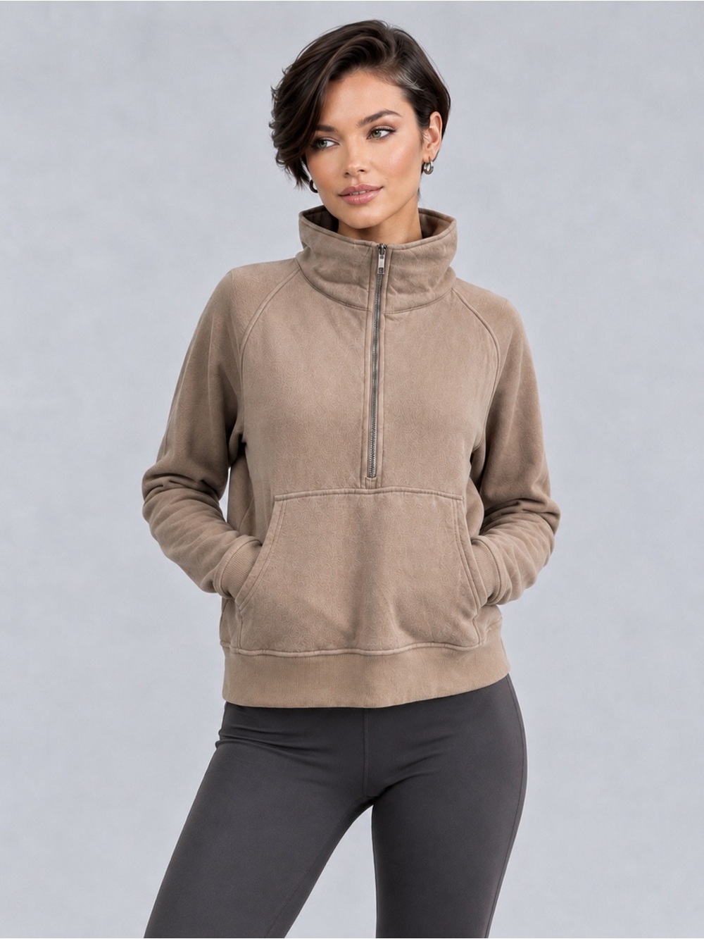 AUTOMET Cropped Half Zip Fleece Pullover Sweatshirt Funnel Neck Beige Size XL